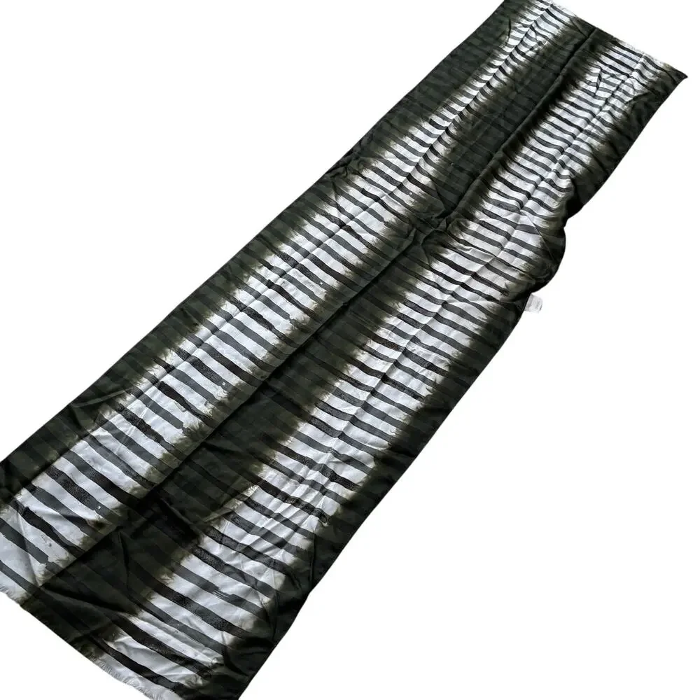 Chico’s silk scarf wrap shawl khaki green & white mod abstract stripes fringe